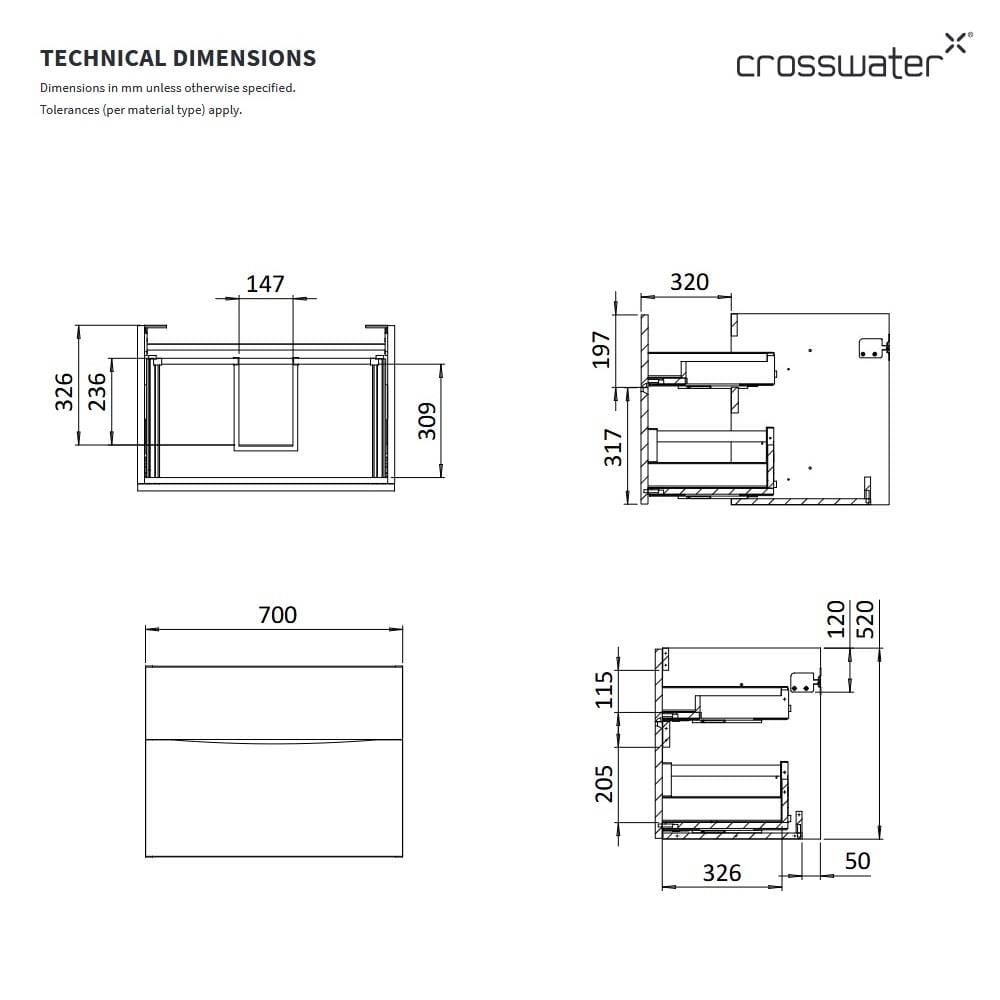 Crosswater Wall Mounted Vanity Unit Crosswater Glide II Wall Mounted Two Drawer Vanity Unit with Worktop