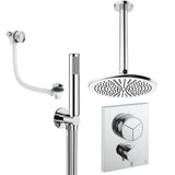 UK Bathroom Store Concealed Shower Set Chrome / Ceiling Arm / 300mm Crosswater Crossbox Push Shower Set 7 - 3 Outlet with Fixed Overhead Shower, Pencil Handset and Overflow Bath Filler Waste