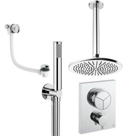 UK Bathroom Store Concealed Shower Set Chrome / Ceiling Arm / 300mm Crosswater Crossbox Push Shower Set 7 - 3 Outlet with Fixed Overhead Shower, Pencil Handset and Overflow Bath Filler Waste