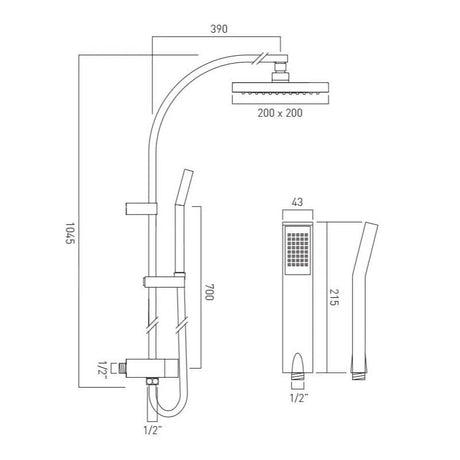 VADO Shower Riser Rail Vado Square Rigid Riser Shower Kit with Diverter and Integrated Outlet in Chrome
