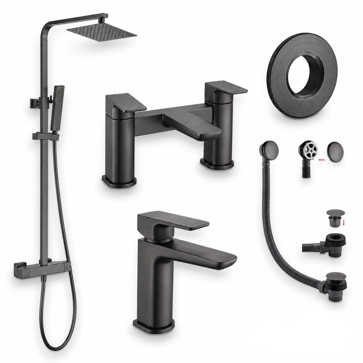 Aquarius Bathrooms Exposed Shower Set Gunmetal Grey Aquarius Hydro Complete Shower Brassware Pack with Basin Mixer, Bath Mixer & Round Exposed Shower