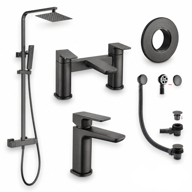 Aquarius Bathrooms Exposed Shower Set Gunmetal Grey Aquarius Hydro Complete Shower Brassware Pack with Basin Mixer, Bath Mixer & Round Exposed Shower