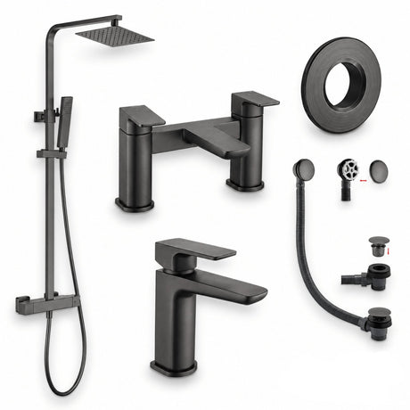 Aquarius Bathrooms Exposed Shower Set Gunmetal Grey Aquarius Hydro Complete Shower Brassware Pack with Basin Mixer, Bath Mixer & Round Exposed Shower