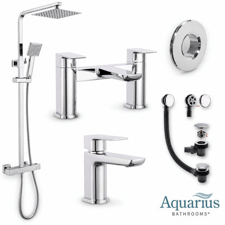 Aquarius Bathrooms Exposed Shower Set Chrome Aquarius Hydro Complete Shower Brassware Pack with Basin Mixer, Bath Mixer & Round Exposed Shower