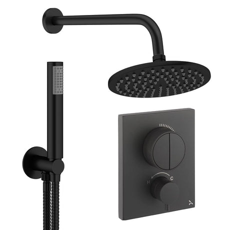 UK Bathroom Store Concealed Shower Set Matt Black / Wall Arm / 200mm Crosswater Crossbox Push Shower Set 1 - 2 Outlet with Fixed Overhead Shower and Pencil Handset