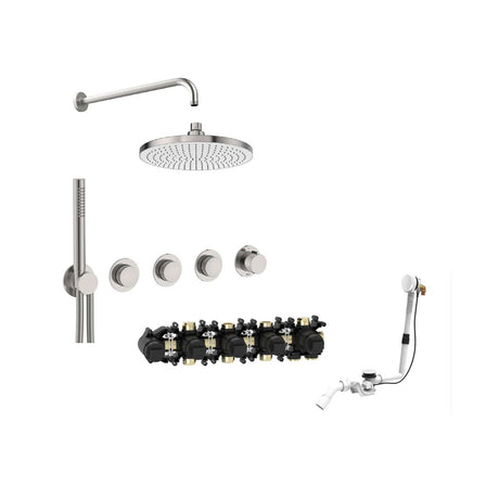 Roca Concealed Shower Set Stainless Steel Effect Roca T-Multi Switch Thermostatic Concealed Shower Valve with Rainshower Head, Pencil Handset  and Overflow Bath Filler
