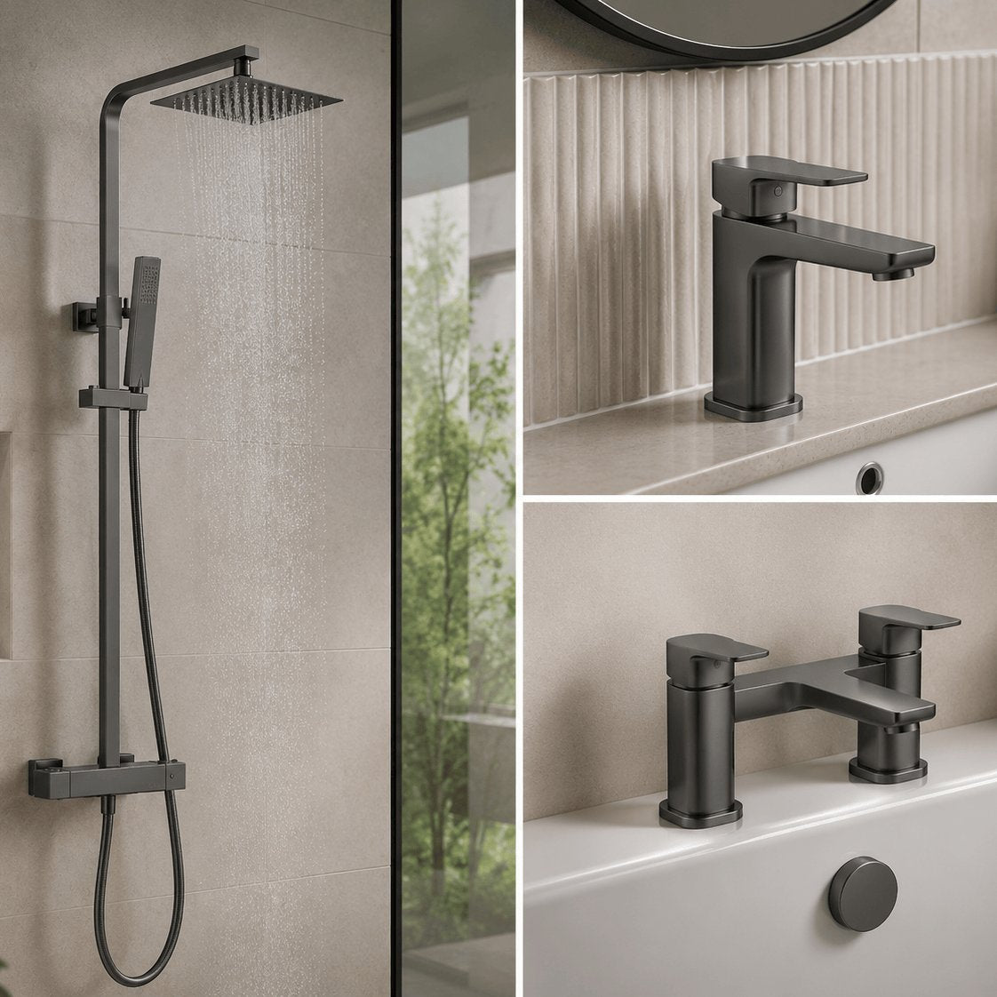 Aquarius Bathrooms Exposed Shower Set Aquarius Hydro Complete Shower Brassware Pack with Basin Mixer, Bath Mixer & Round Exposed Shower
