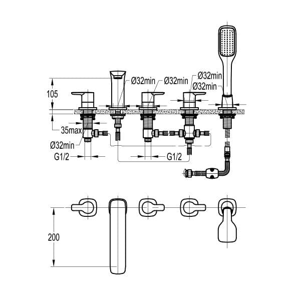 Flova 5 Tap Hole Bath Set Flova Urban 5 Hole Bath And Shower Mixer with Shower Set in Diamond Chrome