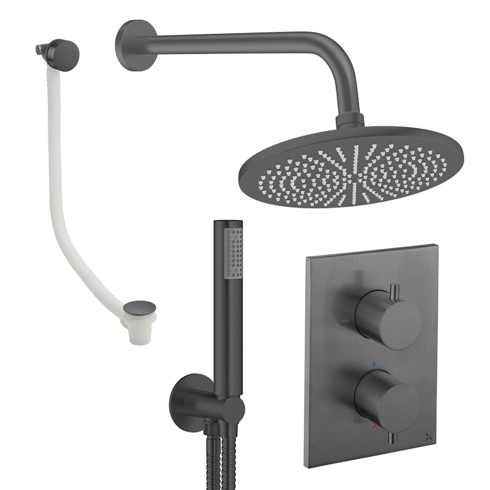 UK Bathroom Store Concealed Shower Set Slate / Wall Arm / 300mm Crosswater Crossbox Shower Set 9 - 3 Outlet with Fixed Overhead Shower,Pencil Handset and Overflow Bath Filler Waste