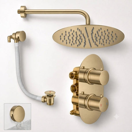 Aquarius Bathrooms Concealed Shower Set Brushed Brass Aquarius RainLux Round 2 Outlet Overflow Filler Shower Bundle