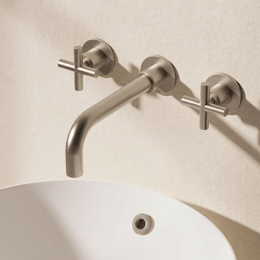 Crosswater Wall Mounted Basin Tap Brushed Nickel Crosswater MPRO Crosshead 3 Hole Wall Mounted Basin Mixer Tap