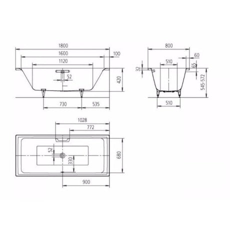 Kaldewei Double Ended Bath 1800 x 800mm Kaldewei Puro Duo Double Ended Steel Bath with Leg Set