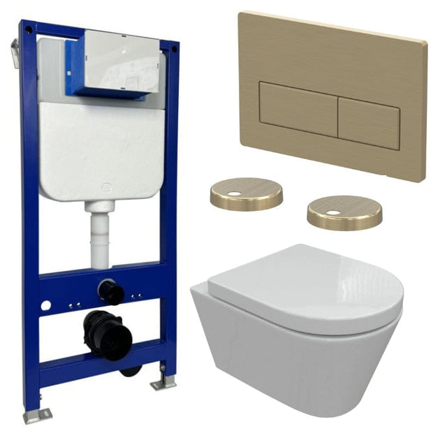Aquarius Wall Hung Toilet Brushed Brass / Square Aquarius Urbano Rimless Wall Hung Toilet Pack with Frame, Flush Plate, Soft Closing Seat and Hinge Covers