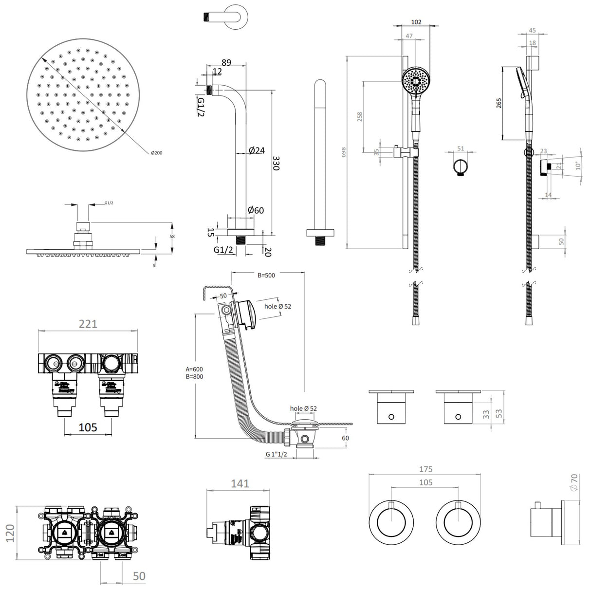UK Bathroom Store Concealed Shower Set Crosswater Module Shower Set 7 - 3 Outlet with Riser Rail Kit, Overhead Shower and Overflow Bath Filler