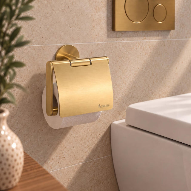 Smedbo Toilet Roll Holder Brushed Brass Smedbo Dot Self-Adhesive Toilet Roll Holder with Cover