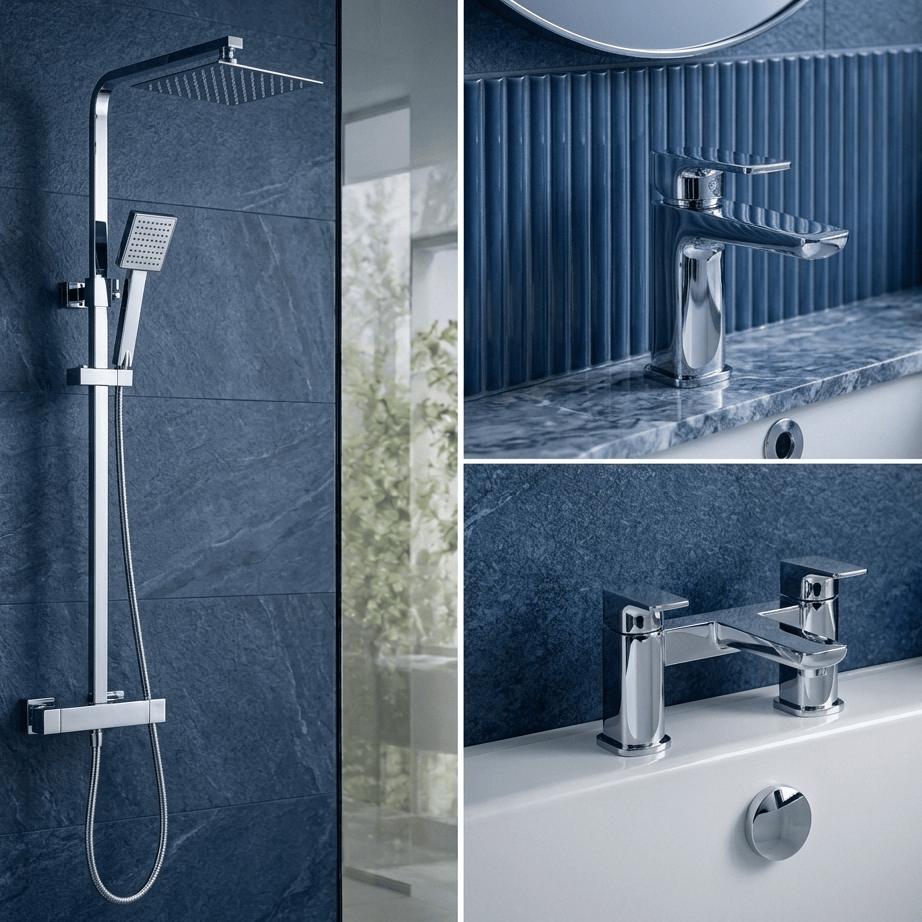 Aquarius Bathrooms Exposed Shower Set Aquarius Hydro Complete Shower Brassware Pack with Basin Mixer, Bath Mixer & Round Exposed Shower