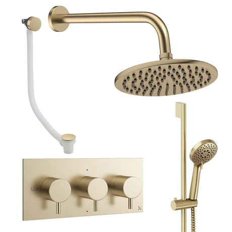 Crosswater Concealed Shower Set Brushed Brass / Wall Arm / 200mm Crosswater Design 3 Handle 3 Outlet Shower Set 9 with Slide Rail Kit, Rainfall Head and Overflow Bath Filler