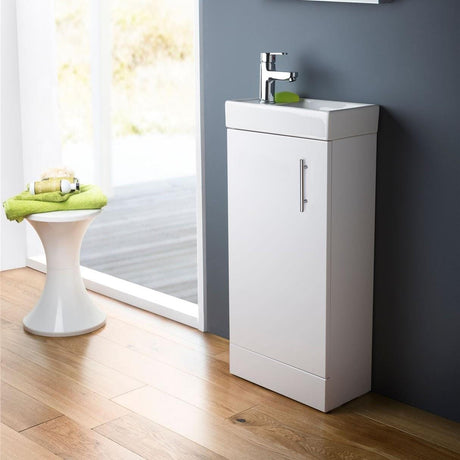 Aquarius Bathrooms Cloakroom Vanity Unit White Gloss Aquarius Byron 400mm Floor Standing 1 Door Cloakroom Vanity Unit with 1 Tap Hole Basin