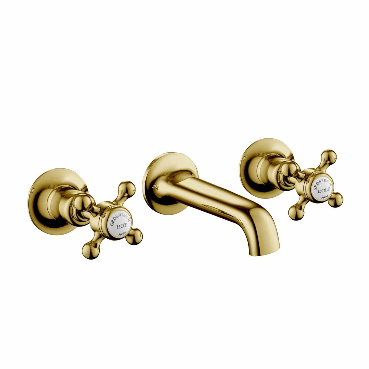 JTP Wall Mounted Basin Tap Polished Gold JTP Grosvenor Cross Wall Mounted 3 Hole Basin Mixer Tap