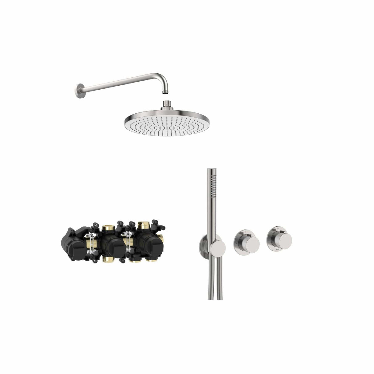 Roca Concealed Shower Set Stainless Steel Effect Roca T-Multi Thermostatic Concealed Shower Valve with Rainshower Head, Pencil Handset and Hose