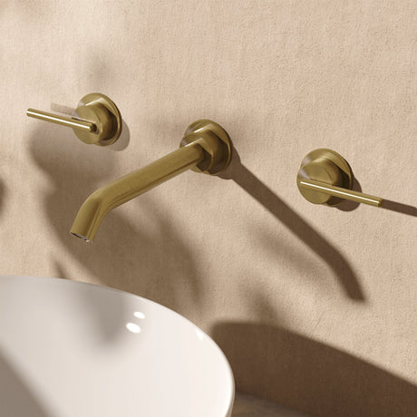 Crosswater Wall Mounted Basin Tap Stainless Brushed Brass Effect Crosswater 3ONE6 Lever 3 Hole Wall Mounted Basin Mixer Tap
