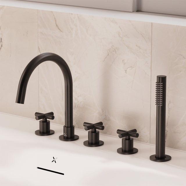 Crosswater 5 Tap Hole Bath Set Matt Black Crosswater MPRO Crosshead 5 Hole Bath and Shower Mixer with Shower Set