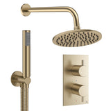 Crosswater Concealed Shower Set Brushed Brass / Wall Arm / 200mm Crosswater Design 2 Handle 2 Outlet Thermostatic Shower Set with Rainfall Head and Pencil Handset