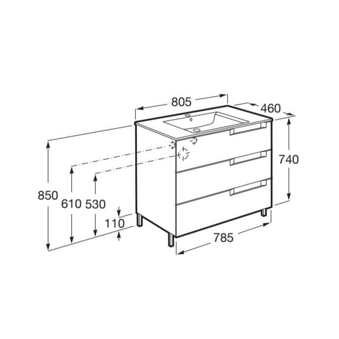 Roca Floor Standing Vanity Unit Roca Aleyda 800mm Floor Standing Three Drawer Vanity Unit with Basin