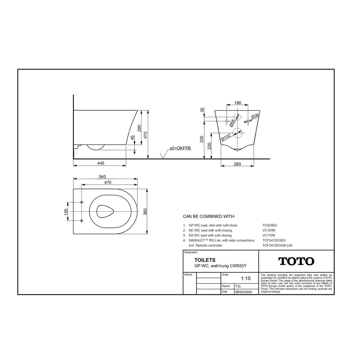 TOTO Wall Hung Toilet TOTO GP Wall Hung Rimless Toilet with Tornado Flush and Soft Close Seat