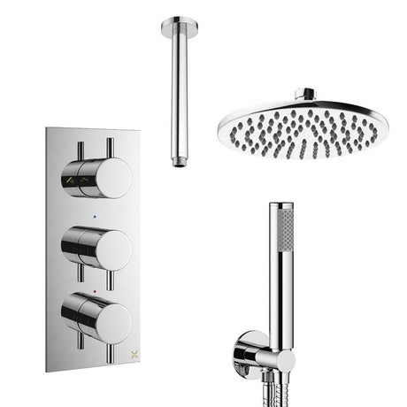 Crosswater Concealed Shower Set Chrome / Ceiling Arm / 200mm Crosswater Design 3 Handle 2 Outlet Shower Set 7 with Pencil Handset and Rainfall Shower Head