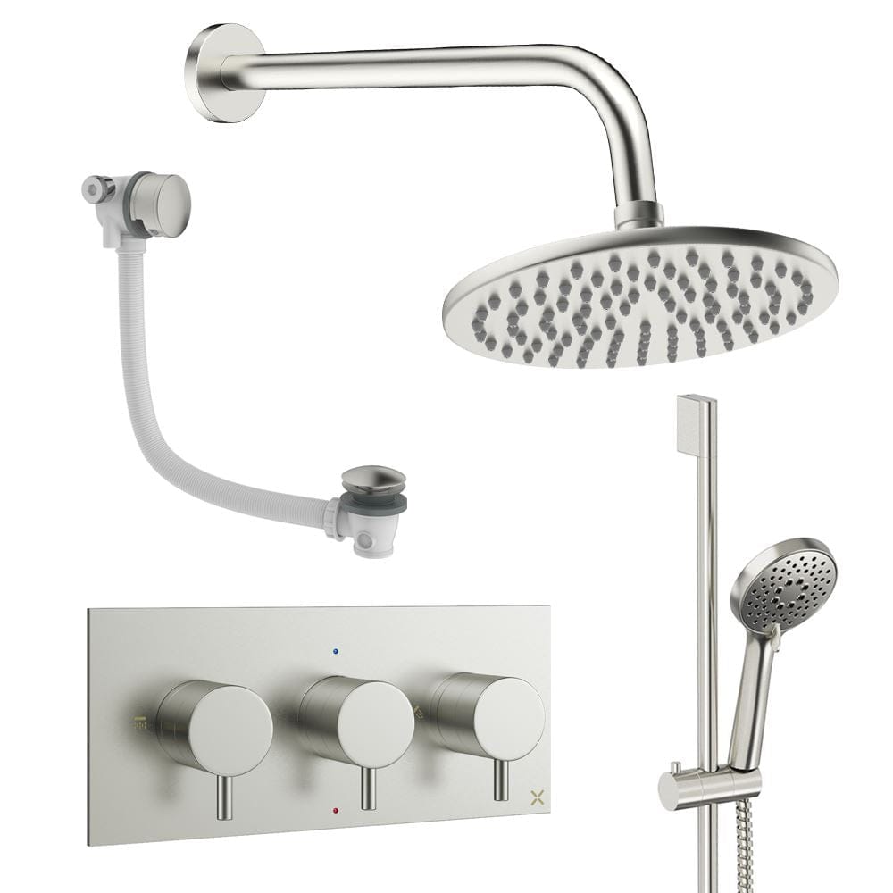 Crosswater Concealed Shower Set Brushed Nickel / Wall Arm / 200mm Crosswater Design 3 Handle 3 Outlet Shower Set 9 with Slide Rail Kit, Rainfall Head and Overflow Bath Filler