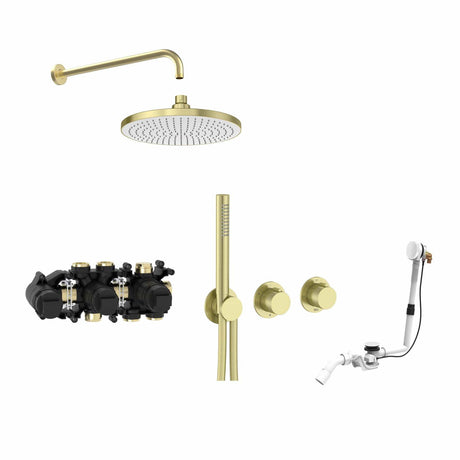 Roca Concealed Shower Set Brushed Brass Roca T-Multi Thermostatic Concealed Shower Valve with Rainshower Head, Pencil Handset and Overflow Bath Filler