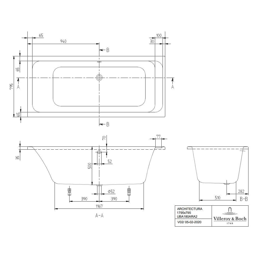 Villeroy and Boch Double Ended Bath Villeroy & Boch Architectura Double Ended Rectangular Bath, 1800 x 800 mm, in White Alpin
