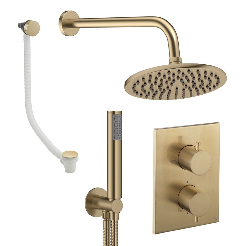 UK Bathroom Store Concealed Shower Set Brushed Brass / Wall Arm / 200mm Crosswater Crossbox Shower Set 9 - 3 Outlet with Fixed Overhead Shower,Pencil Handset and Overflow Bath Filler Waste