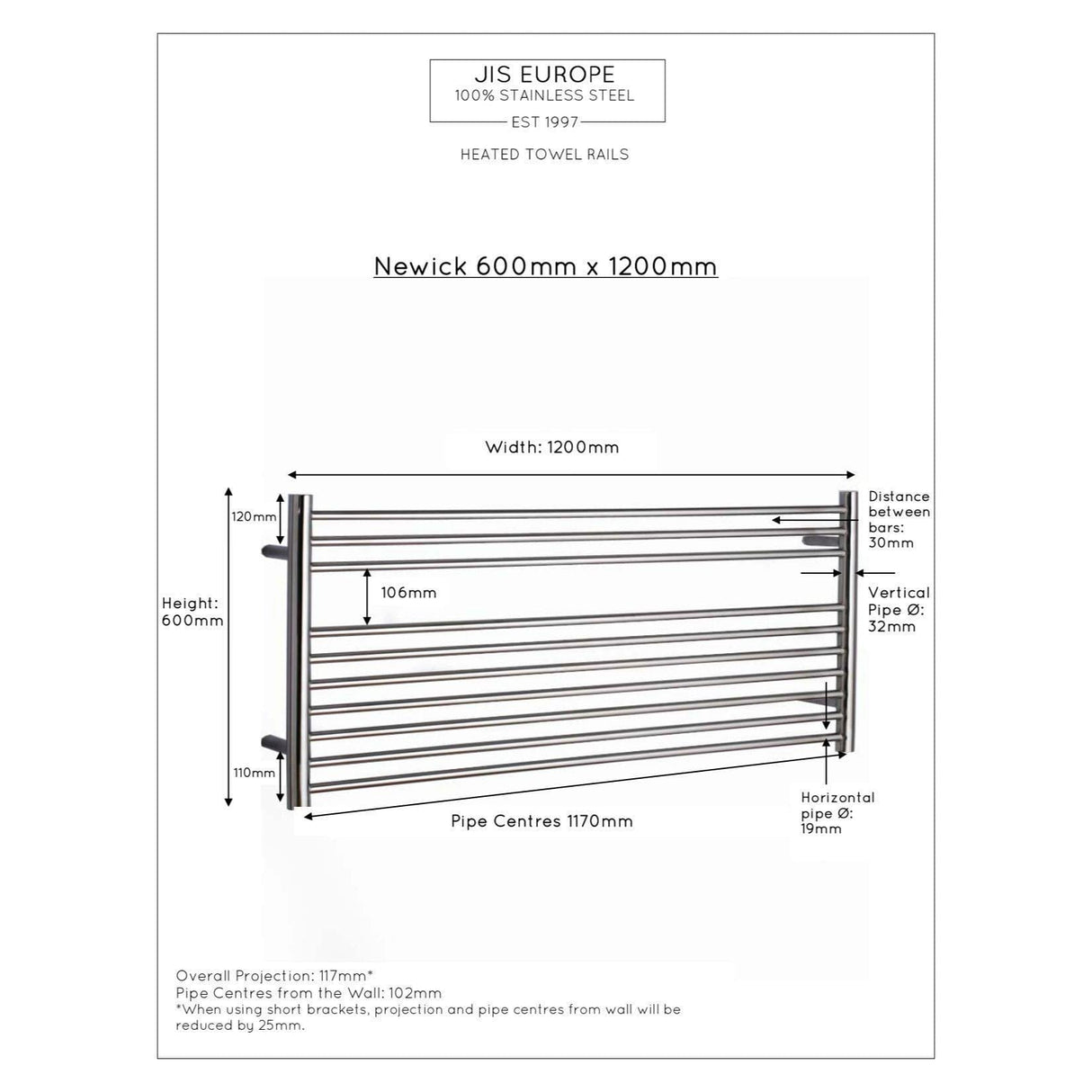 JIS Ladder Rail JIS Sussex Newick Horizontal Stainless Steel Heated Towel Rail