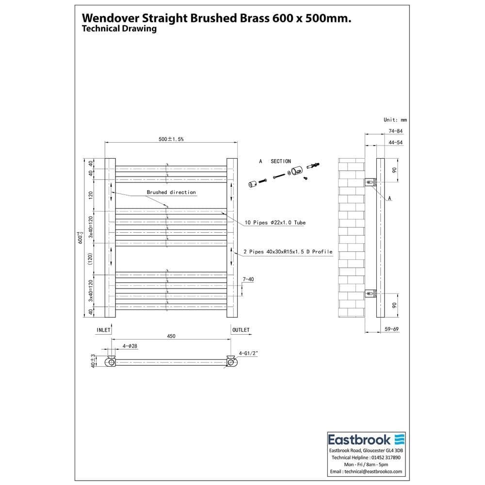 Eastbrook Ladder Rail Eastbrook Wendover Straight Heated Towel Rail in Brushed Brass