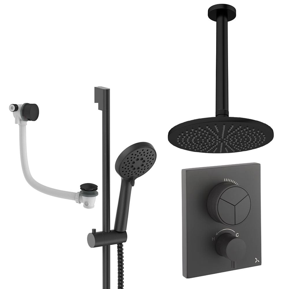 UK Bathroom Store Concealed Shower Set Matt Black / Ceiling Arm / 300mm Crosswater Crossbox Push Shower Set 8 - 3 Outlet with Fixed Overhead Shower, Slide Rail Kit and Overflow Bath Filler Waste