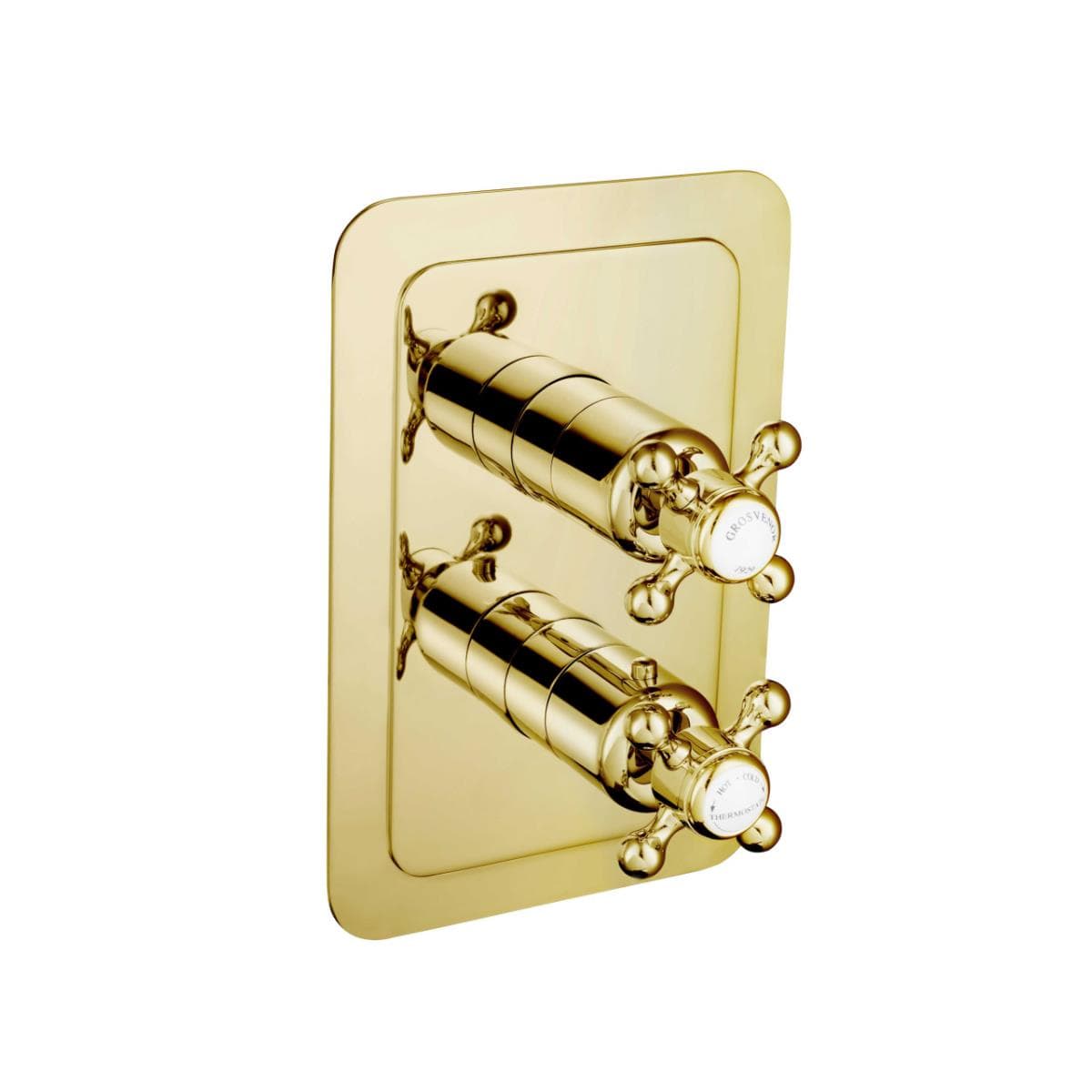 JTP Concealed Shower Valve Polished Gold JTP Grosvenor Cross 2 Outlet, 2 Handle, Thermostatic Vertical Concealed Thermostatic Shower Valve