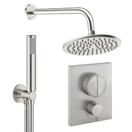 UK Bathroom Store Concealed Shower Set Brushed Nickel / Wall Arm / 200mm Crosswater Crossbox Push Shower Set 1 - 2 Outlet with Fixed Overhead Shower and Pencil Handset