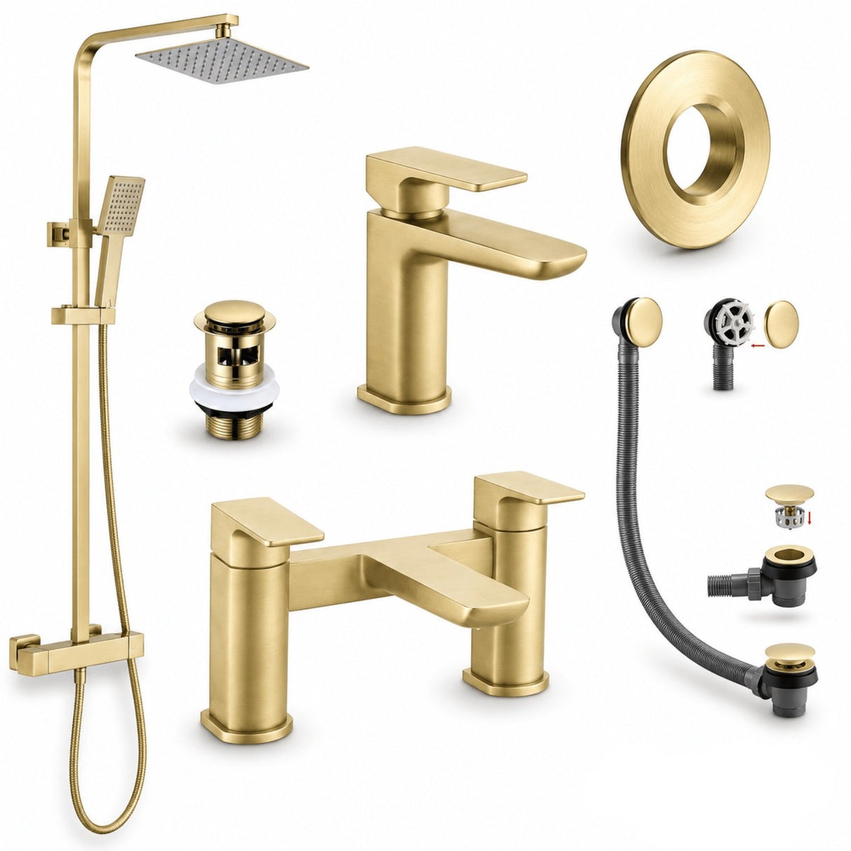 Aquarius Bathrooms Exposed Shower Set Brushed Brass Aquarius Hydro Complete Shower Brassware Pack with Basin Mixer, Bath Mixer & Round Exposed Shower