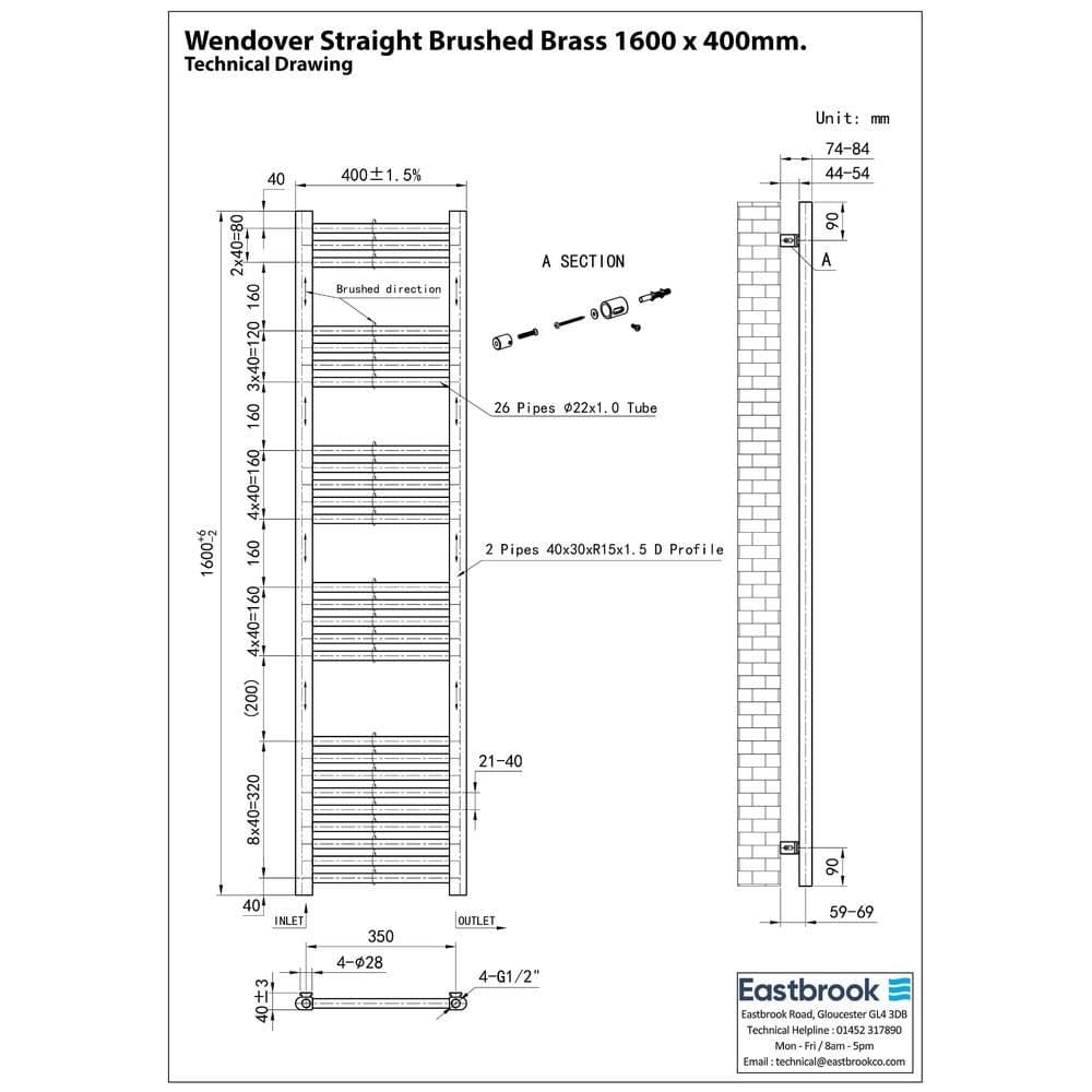 Eastbrook Ladder Rail Eastbrook Wendover Straight Heated Towel Rail in Brushed Brass