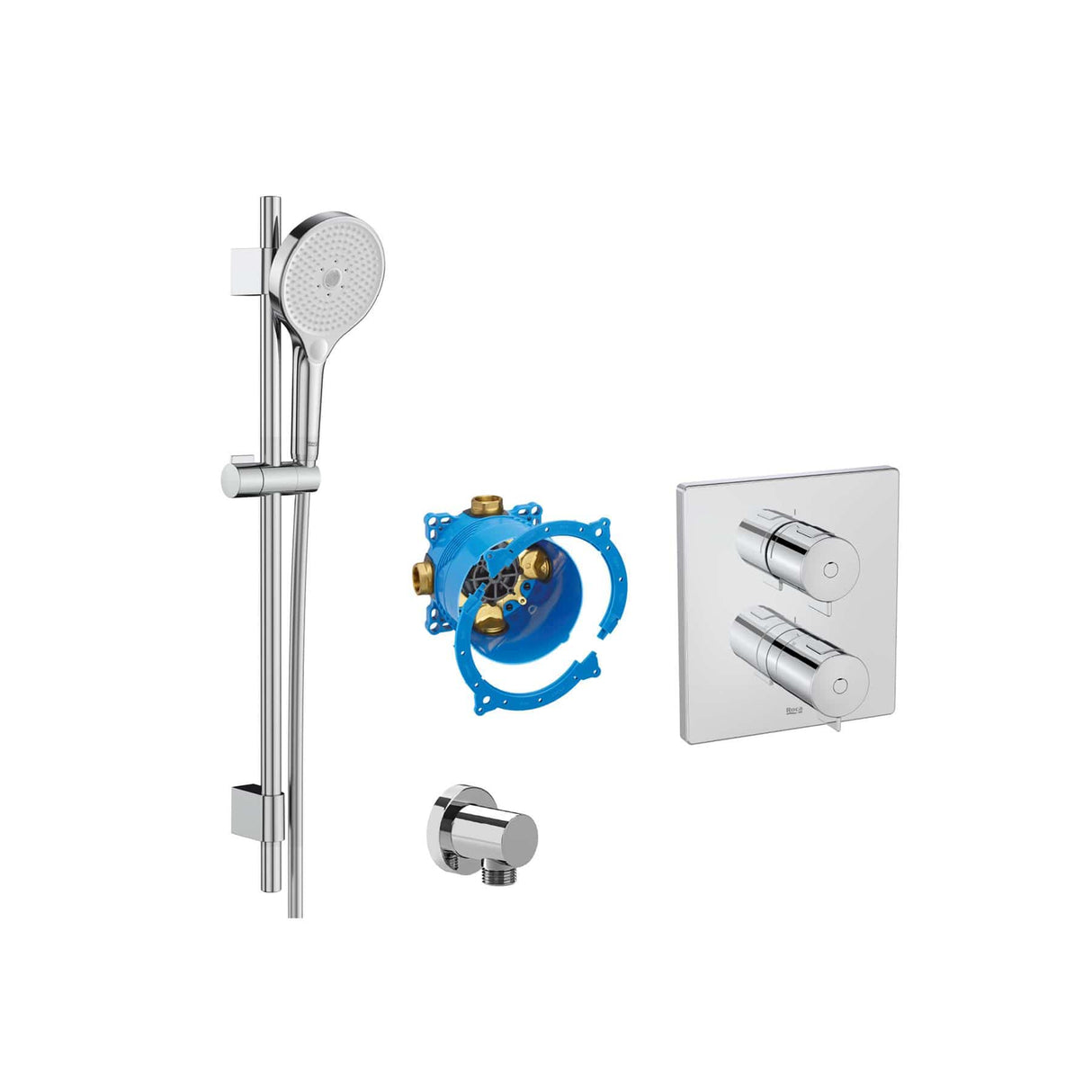 Roca Concealed Shower Set Chrome Roca T-500 Square Thermostatic Concealed Shower Valve with Shower Handset and Slide Rail Set