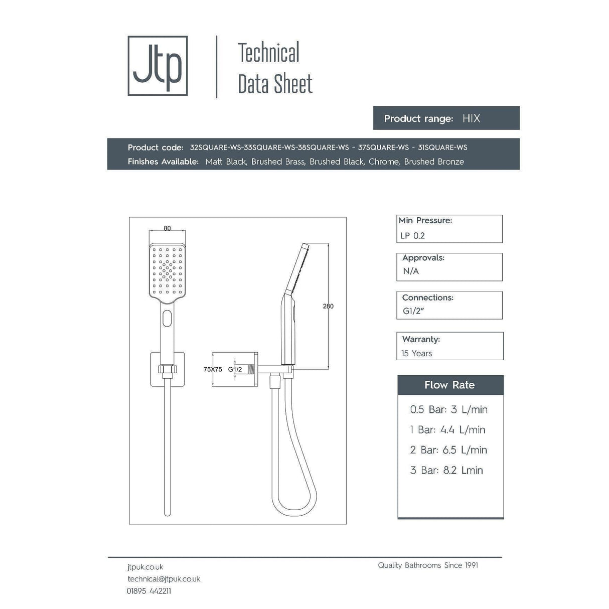 JTP Shower Handset JTP HIX Wall Mounted Water Outlet with Holder, Shower Handset and Hose
