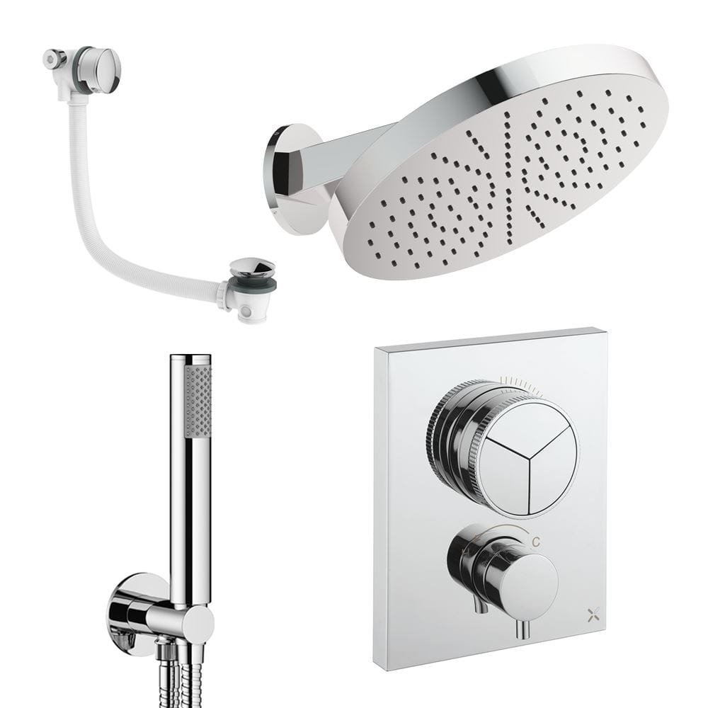 UK Bathroom Store Concealed Shower Set Chrome Crosswater Crossbox Push Shower Set 9 - 3 Outlet with Revive Steel Overhead Shower, Pencil Handset and Oveflow Bath Filler Waste