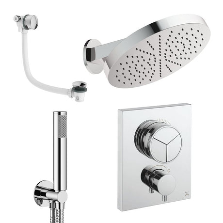 UK Bathroom Store Concealed Shower Set Chrome Crosswater Crossbox Push Shower Set 9 - 3 Outlet with Revive Steel Overhead Shower, Pencil Handset and Oveflow Bath Filler Waste