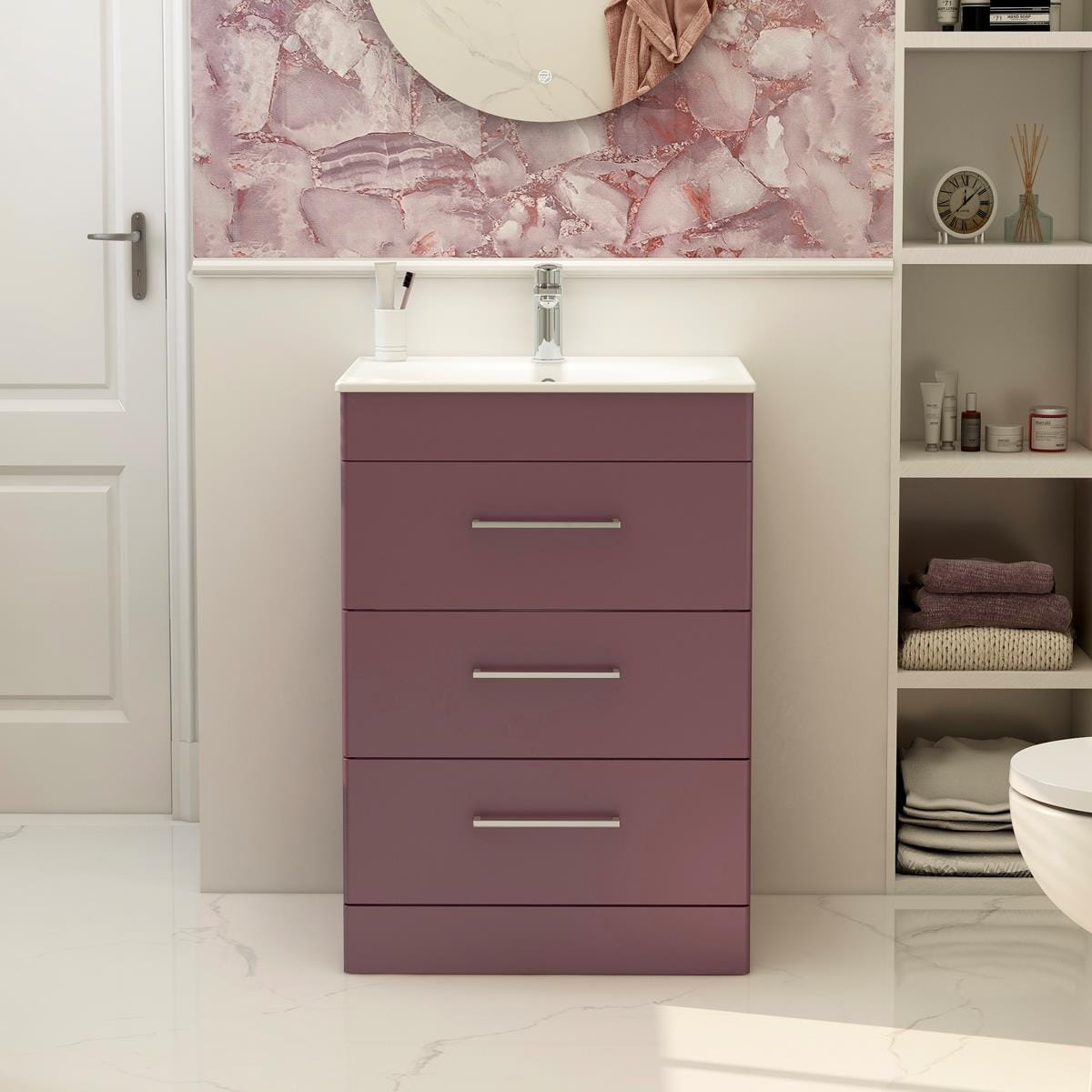 Imex Floor Standing Vanity Unit Plum / White Imex Croma Floor Standing Three Drawer 600mm Vanity Unit with 1 Tap Hole Basin