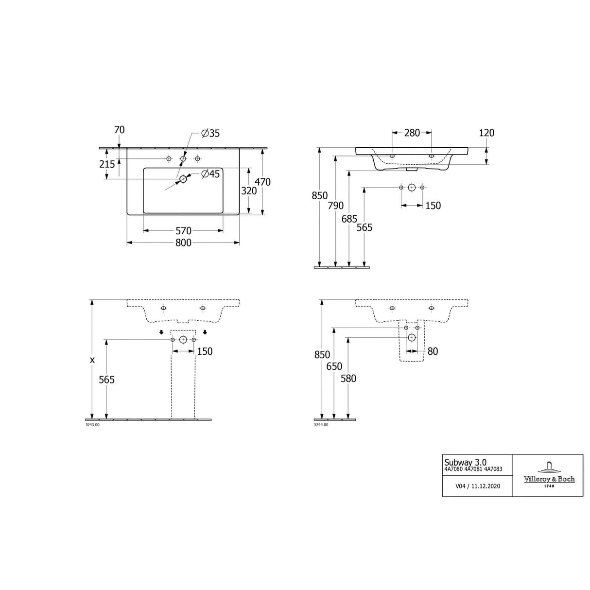 Villeroy & Boch Wall Mounted Vanity Unit Villeroy & Boch Subway 3.0 Wall Hung 800mm Two Drawer Vanity Unit with Basin