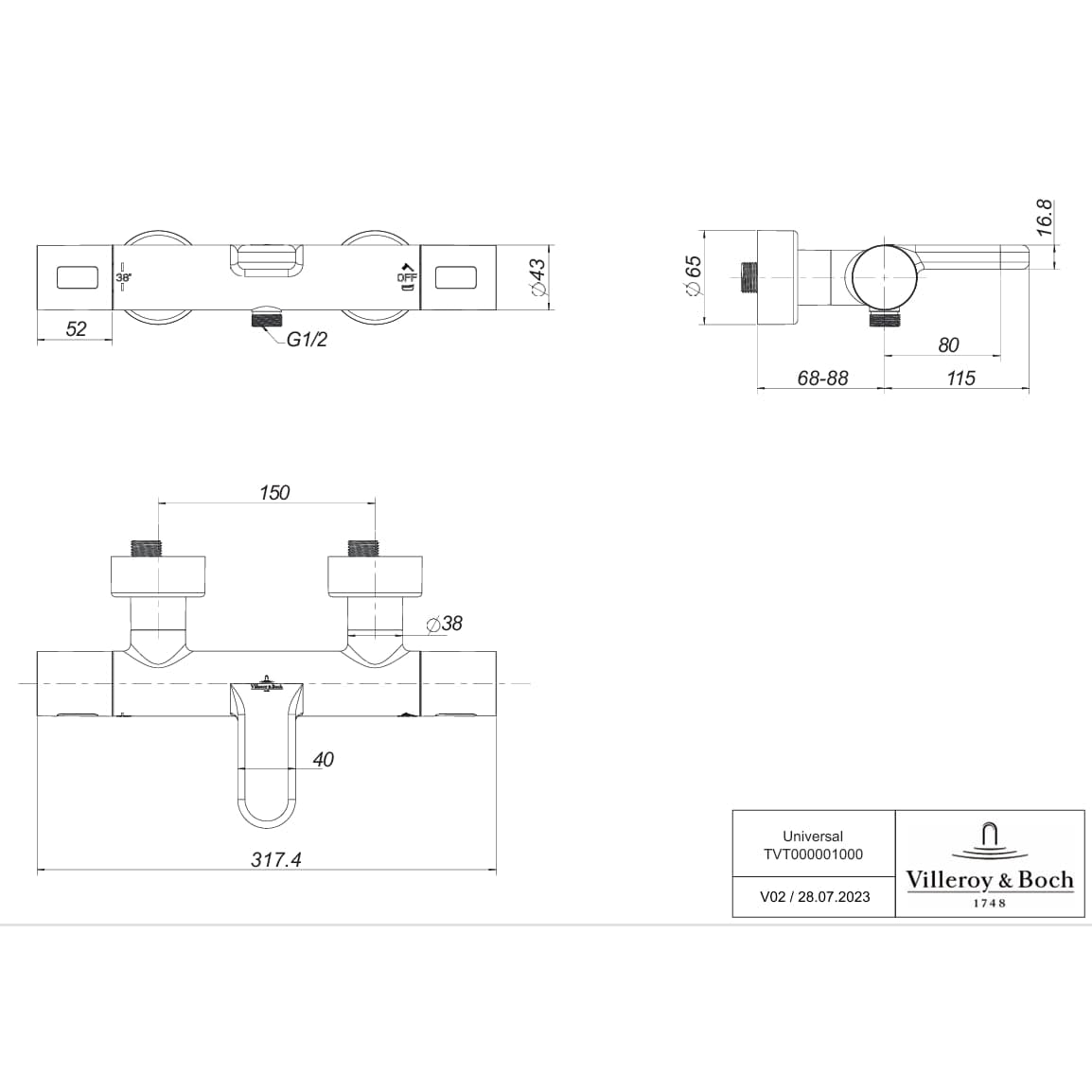 Villeroy & Boch Bath Shower Mixer Villeroy & Boch Universal Wall Mounted Thermostatic Round Bath and Shower Mixer Tap