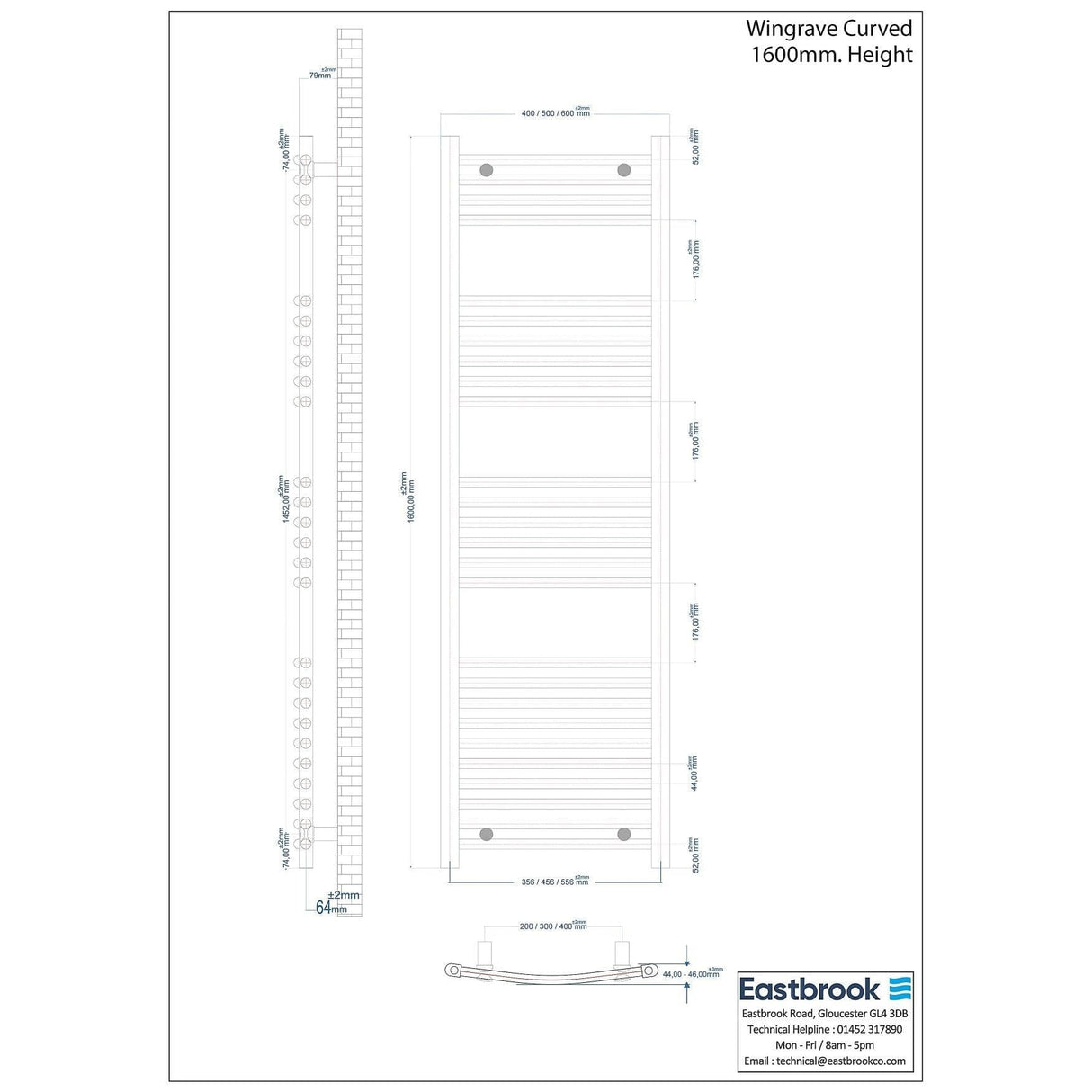 Eastbrook Ladder Rail Eastbrook Wingrave Vertical Curved Heated Towel Rail - 1600 x 500mm - Chrome