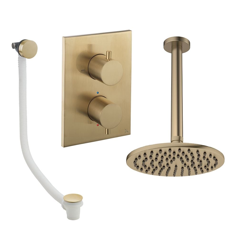 UK Bathroom Store Concealed Shower Set Brushed Brass / Ceiling Arm / 200mm Crosswater Crossbox Shower Set 7 - 2 Outlet with Fixed Overhead Shower and Overflow Bath Filler Waste